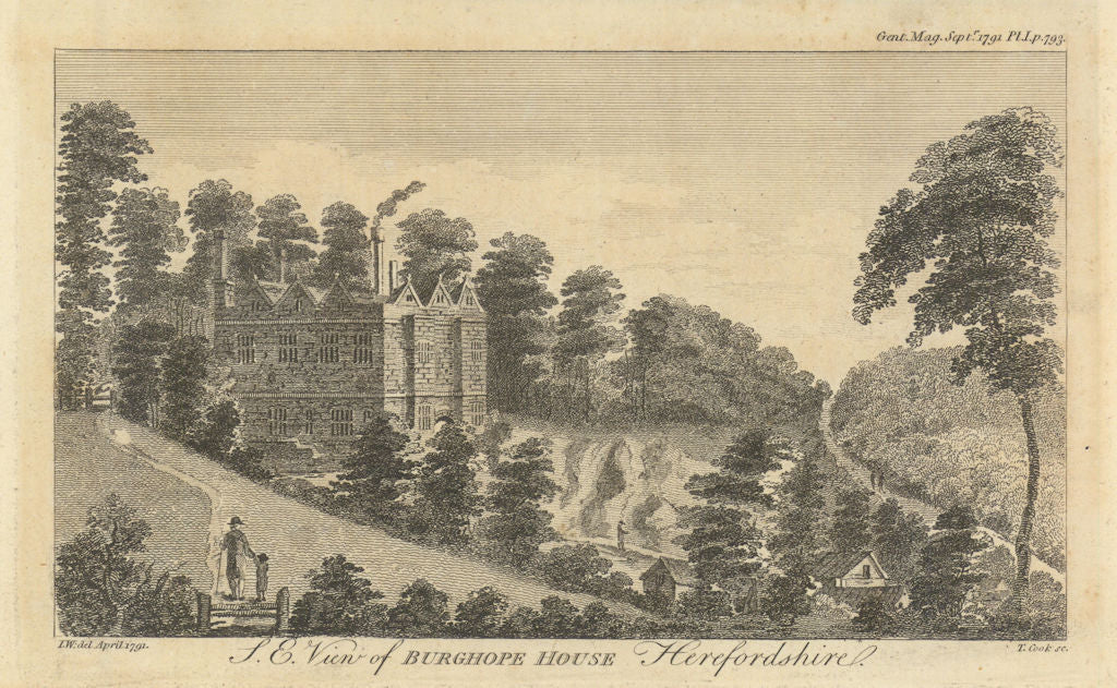 South east view of Burghope House, Herefordshire 1791 old antique print